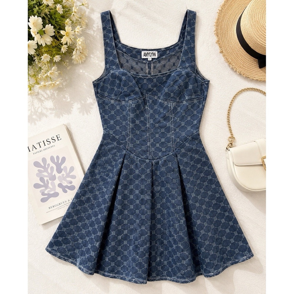 AMYLYNN Blue Denim Geometric Fit & Flare Square Neck Strappy Dress US 4